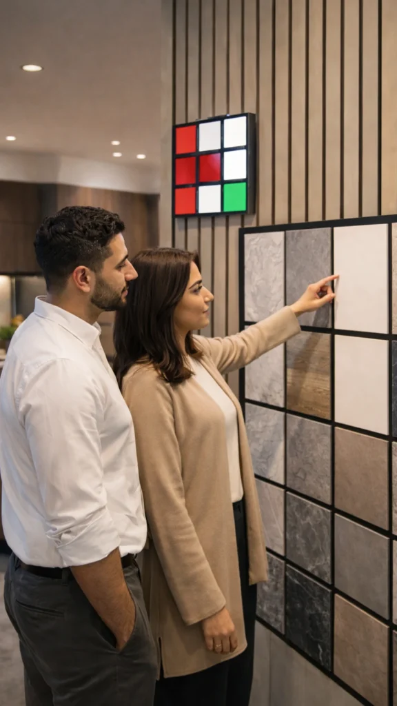 صوره للعميل بيختار بين الخامات في المعرض